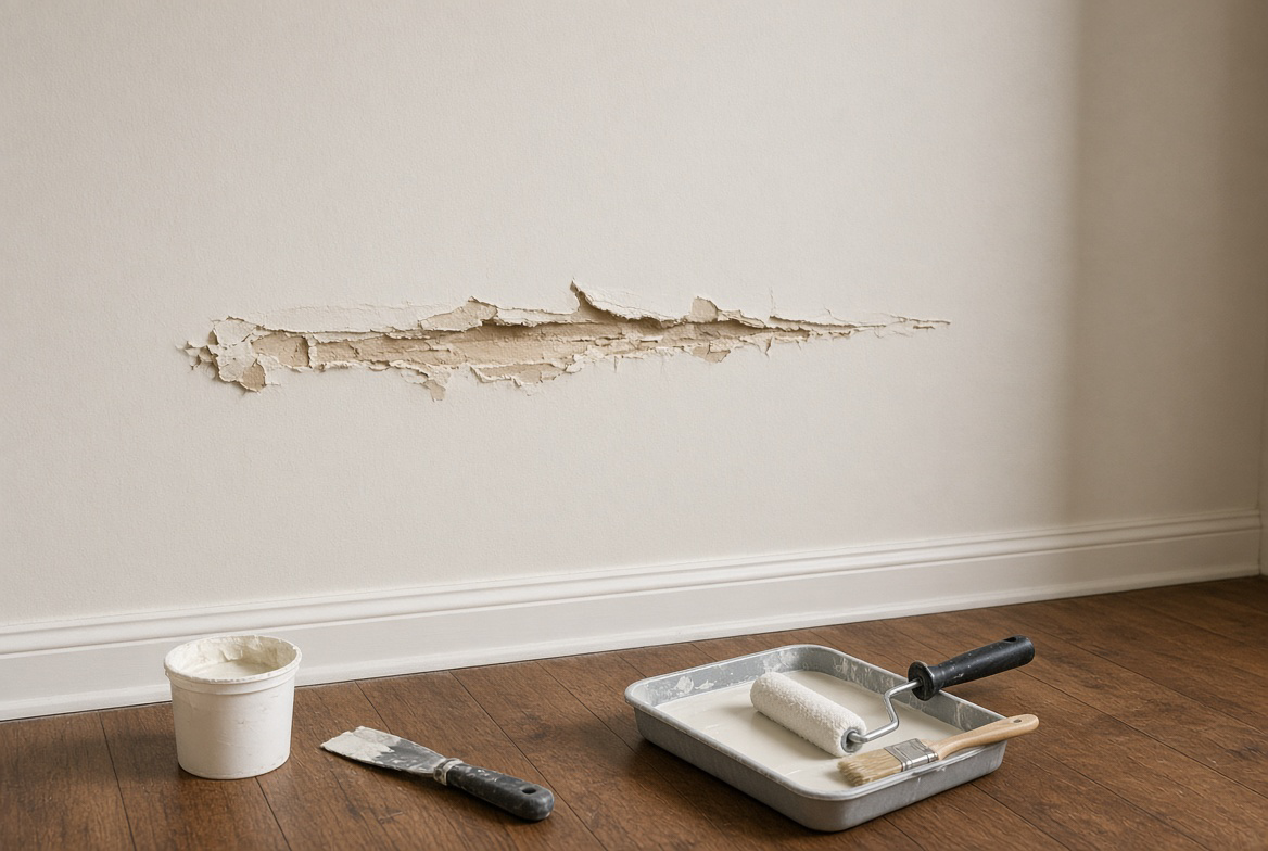 A deep mover scuff on a new wall with a small spackle tub, putty knife, and 4-inch roller tray on the floor