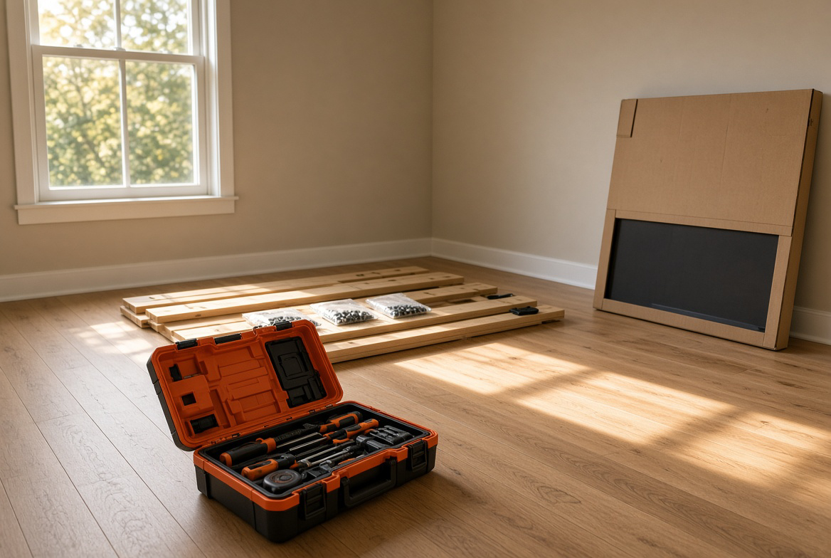 Open tool kit on the floor beside a flat-packed bed frame and a TV leaning on the wall