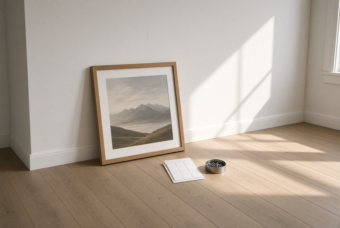 A framed print leaning on an empty wall with hanging strips and a hook kit on the floor