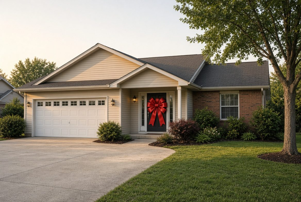 A house on closing day with a giant bow on the door