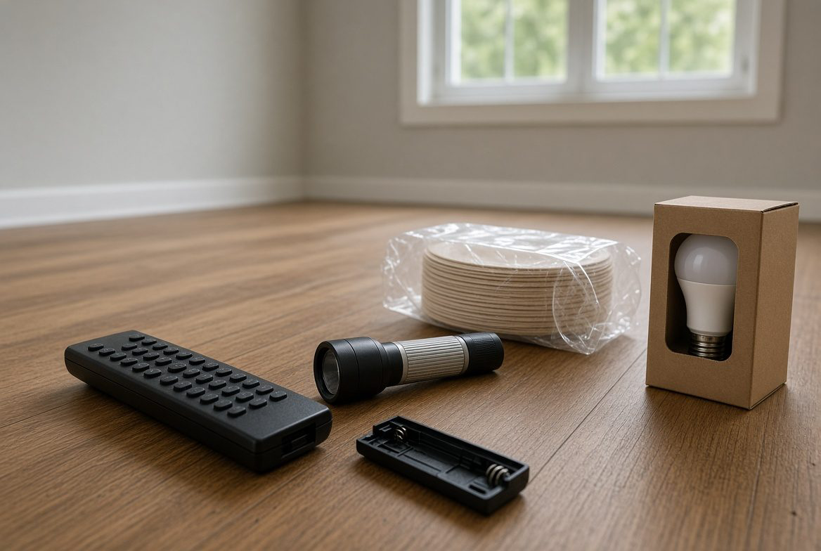 Empty remote, flashlight, and a light bulb on a bare floor