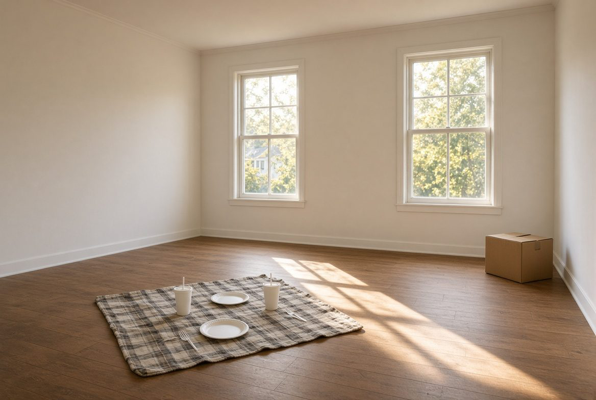 Picnic on the floor of an empty room