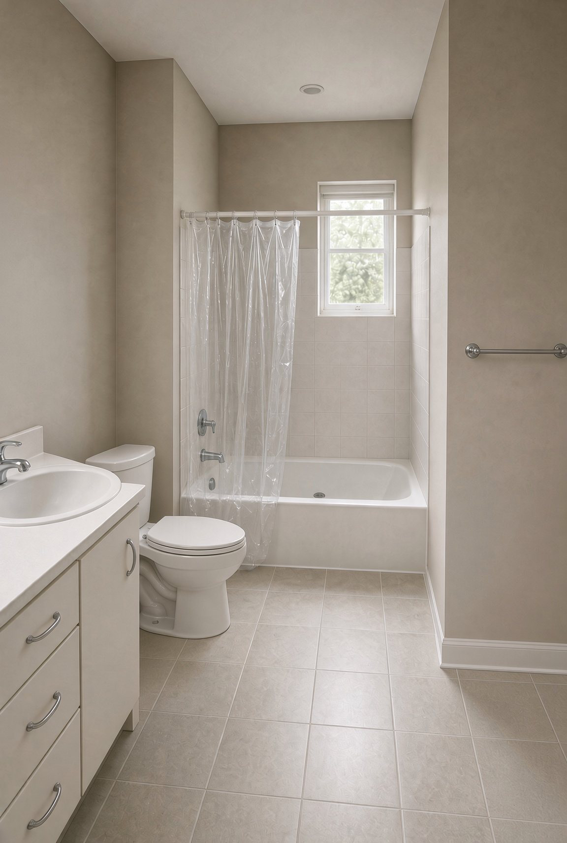 Empty hall bath with liner, toilet past the sink, towel bar on the opposite wall